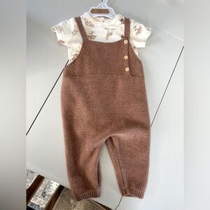 NEW Rabbit + Bear Organic Cotton Safari Onesie & Knit Overalls Size 3-6 M Baby